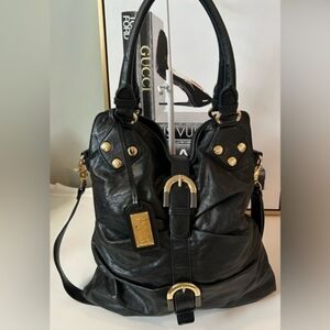 Badgley Mischka Black Leather Shoulder Bag with Gold Hardware